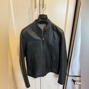 Men’s Theory Leather Biker Bomber Jacket Navy Blue Leather Size Small S